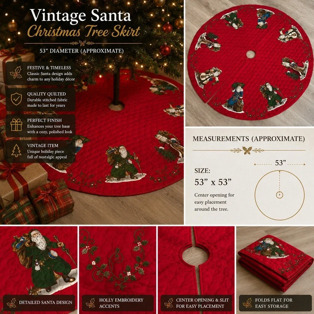 Vintage 90s Red Quilted Christmas Tree Skirt Old World Santa Applique 51in Decor